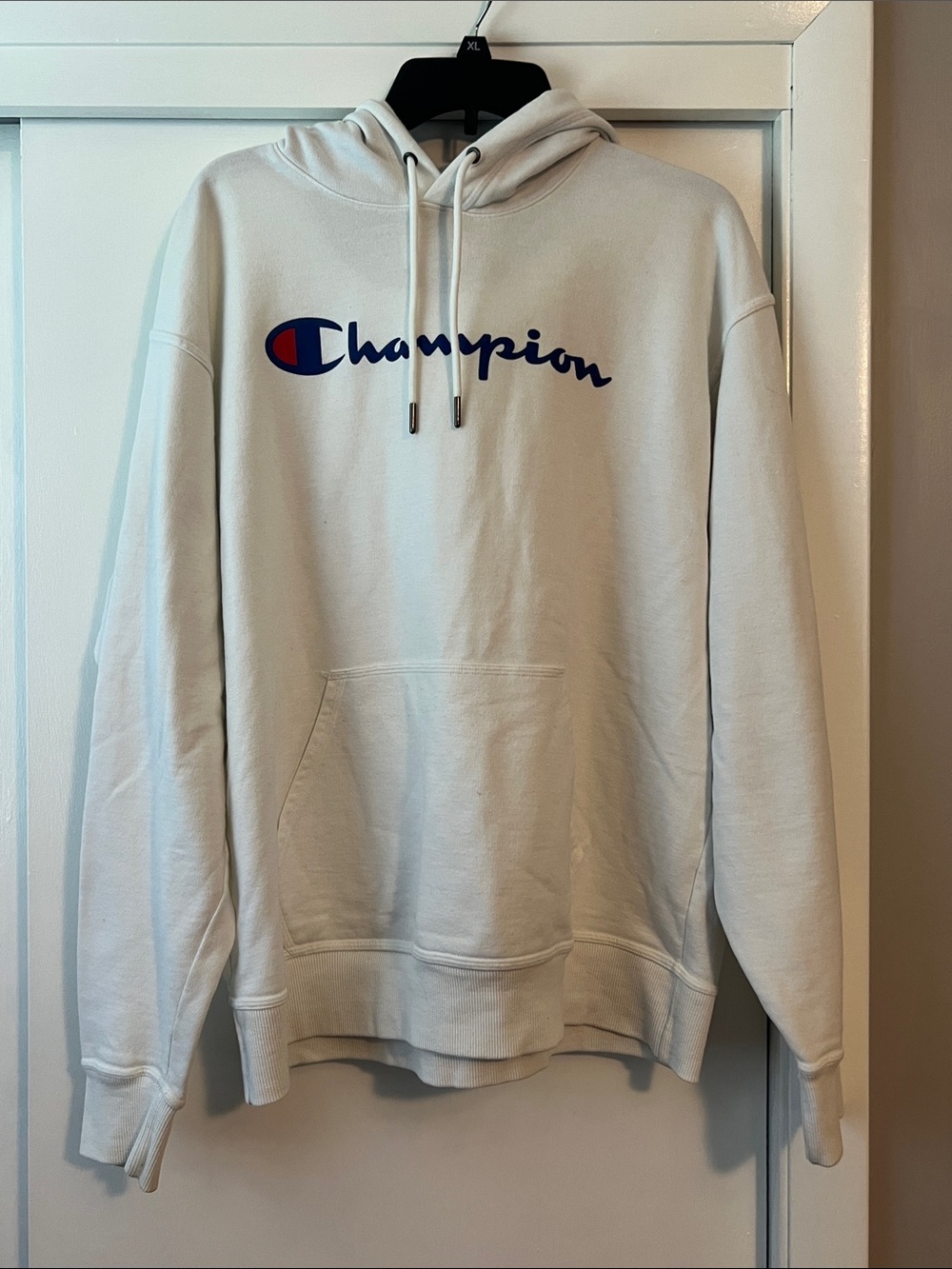 Champion White Crewneck Hoodie with Navy & Red Logo